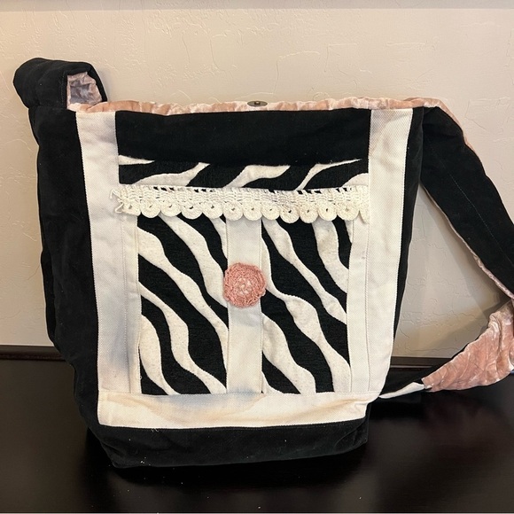 Velour Double sided crossbody Bag, boho chic,zebra print, lace accent - Picture 3 of 15